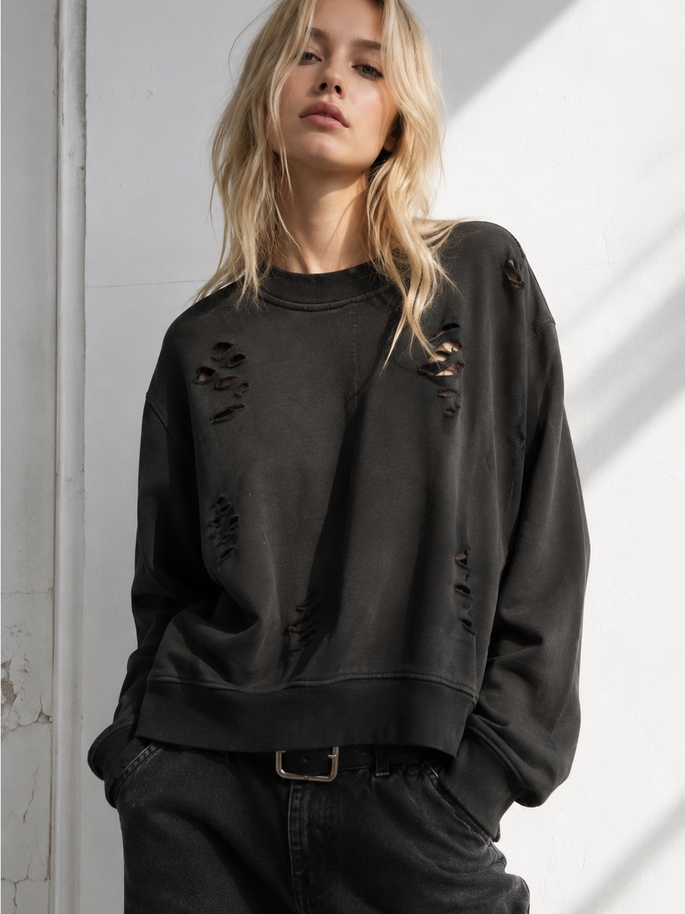 Women's Black Distressed Crewneck Sweatshirt